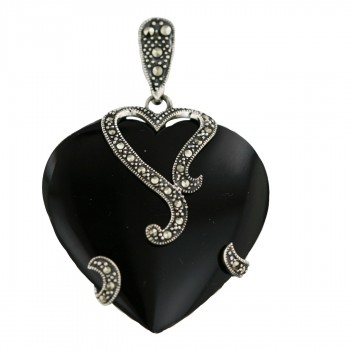 Marcasite Pendant (W=36mm) Onyx Heart with Marcasite Heart