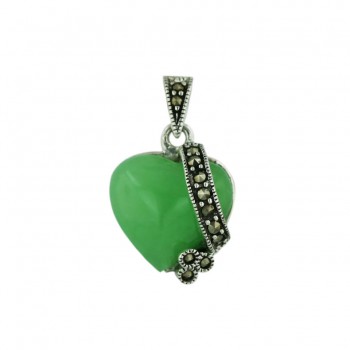Marcasite Pendant Cabochon Green Jade Puff Heart+Marcasite Lines by