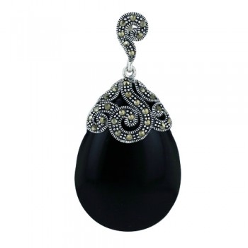 Sterling Silver 35X24mm Onyx Tear Drop with Marcasite Swirl