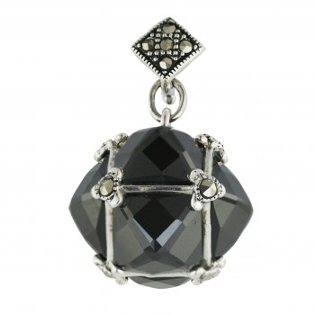 Marcasite Pendant Black Cubic Zirconia Rhombus Dimensional Chess Cut with Oxi