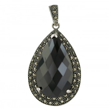 Marcasite Pendant 42X29mm Black Cubic Zirconia Tear Drop Chess Cut with Oxidized