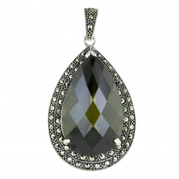 Marcasite Pendant 42X29mm Olivine Cubic Zirconia Tear Drop Chess Cut with Oxid