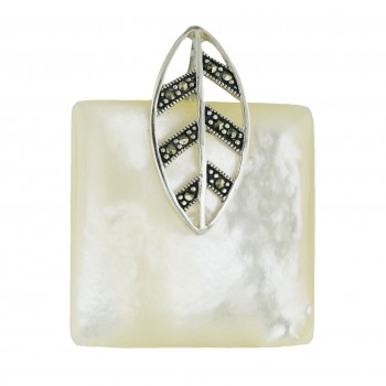 Marcasite Pendant 30X30mm White Mother of Pearl Square with Open Pave Marcasite Lined