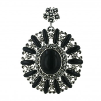 Marcasite Pendant Onyx Oval with Oblong Around+Oxidized Flower T