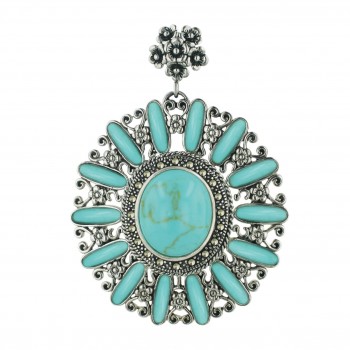 Marcasite Pendant Faux Turquoise Oval with Oblong Around+Oxidized Flower