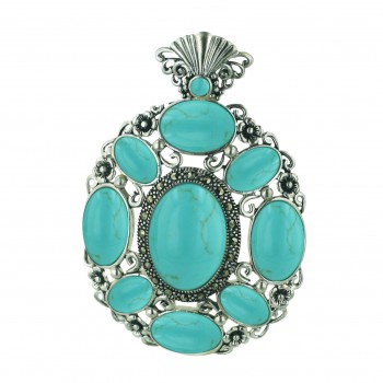 Marcasite Pendant Faux Turquoise Oval with Multiple Turquoise Ovals Around