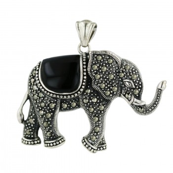 Marcasite Pendant Onyx Elephant with Pave Marcasite Around