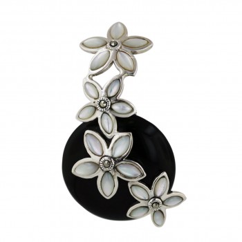 Marcasite Pendant 25mm Onyx Round Cabochon with 4 White Mother of Pearl Flower
