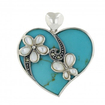 Marcasite Pendant 34X31mm Reconstructed Turquoise Heart with White Mother of Pearl