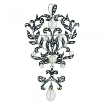 Marcasite Pin/Pendant 54X38mm Pave Marcasite Leaf Branches with 7mm Wh