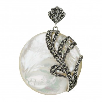 Marcasite Pendant 48X48mm White Mother of Pearl Round Cabochon with Pave Marcasite