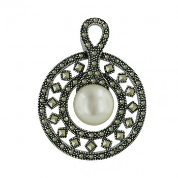 Marcasite Pendant 32mm Round with 12mm White Fresh Water Pearl Ctr+Square Cut Marcasite