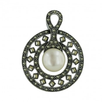 Marcasite Pendant 32mm Round with 12mm White Fresh Water Pearl Ctr+Square Cut Marcasite