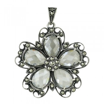 Marcasite Pendant 25X25mm 5 Clear Cubic Zirconia Chess Cut Flower Petals