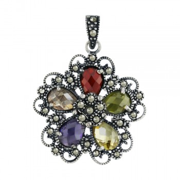 Marcasite Pendant 25X25mm 5 Amethyst+Garnet +Olivine+Champagne+Citrine Cubic Zirconia Chess Cut Flower