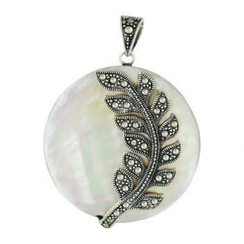 Marcasite Pendant 39X39mm White Mother of Pearl Round with Pave Marcasite Flower Rig
