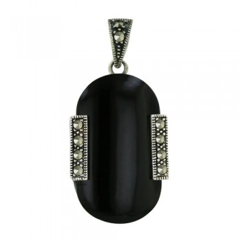 Marcasite Pendant 30X20mm Onyx Oval Cabochon with Marcasite Side Bars