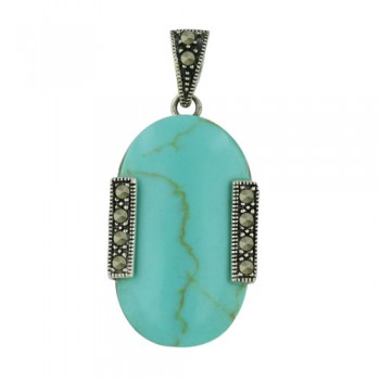 Marcasite Pendant 30X20mm Faux Turquoise Oval Cabochon with Marcasite Side Ba