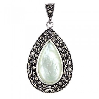 Marcasite Pendant 32X22mm White Mother of Pearl Tear Drop Bezel Set with Doubl