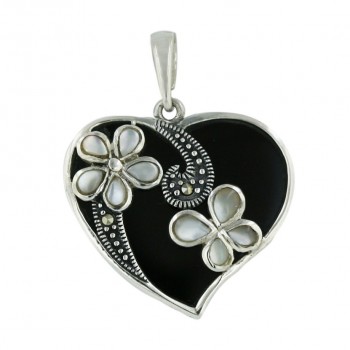 Marcasite Pendant Width 25mm Onyx Heart with White Mother of Pearl Flwrs+Pa