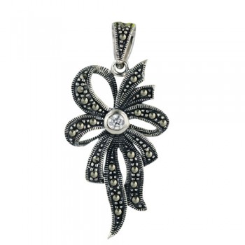 Marcasite Pendant 36X21mm Clear Cubic Zirconia Dot Ctr with Open Pave Marcasite Flower