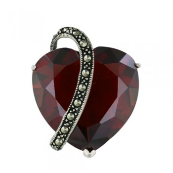 Marcasite Pendant Garnet Cubic Zirconia Heart with Bypass Pave Marcasite Line