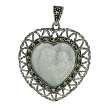 Marcasite Pendant Haert Shape Mother of Pearl Mother/Daughter Cameo with Ma