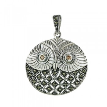 Marcasite Pendant Round Owl with Champagne Cubic Zirconia Eyes