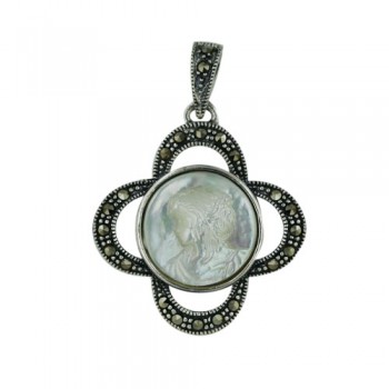 Marcasite Pendant Open Flower with 14.8mm Round Mother of Pearl Cameo with