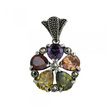 Marcasite Pendant 5 Petals Flower with Open Marcasite Circle-2M-2152M