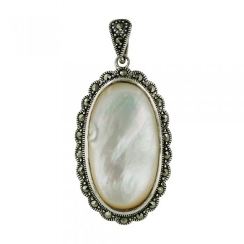 Marcasite Pendant 16X29mm Mother of Pearl Oval on Marcasite Lace
