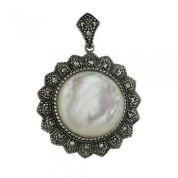 Marcasite Pendant 20mm Mother of Pearl on Marc. Flower Bezel