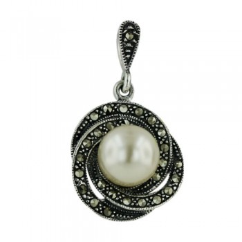 Marcasite Pendant 10mm Pearl on Marcasite Swirl