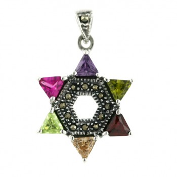 Marcasite Pendant Jewish Star with Mulit-Color Cubic Zirconia