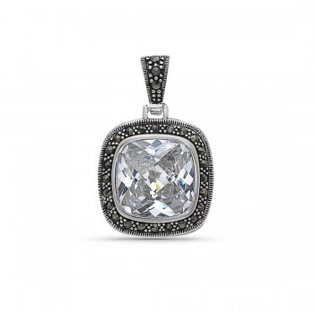 Marcasite Pndt Square Chess Cut Clear Cubic Zirconia with Marcasite Around+Braid Si