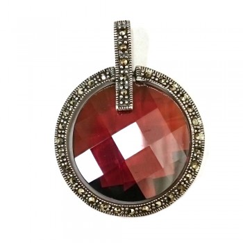 Marcasite Pendant Garnet Cubic Zirconia Chess Cut Round Swing with Marcasite Circle