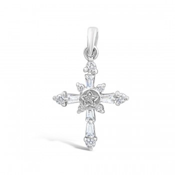 Sterling Silver Pendant Clear Cubic Zirconia Baguette Cross with Star Center