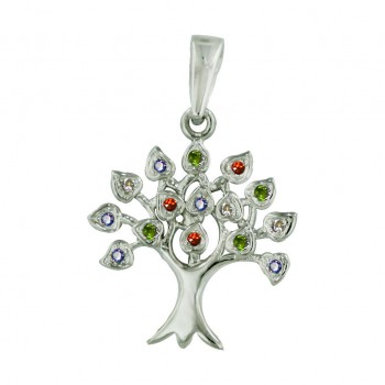Sterling Silver Pendant Sapp Gl+ Grt Cubic Zirconia+ Champagne+ Peridot Gl Tree of Life