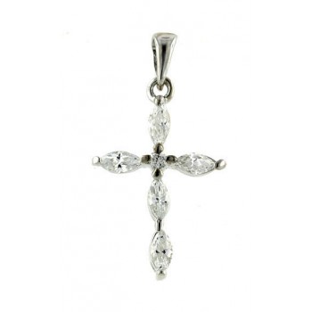 Sterling Silver Pendant 4 Pc Clear Cubic Zirconia Marquis Cross with Clear Cubic Zirconia Ctr