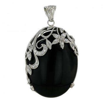 Sterling Silver Pendant 40mmx30mm Oval Onyx with Filigree Flower on To