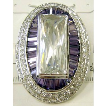 Sterling Silver Pendant 25mmx10mm Chess Cut Clear Cubic Zirconia Rectangular with Ame Cubic Zirconia