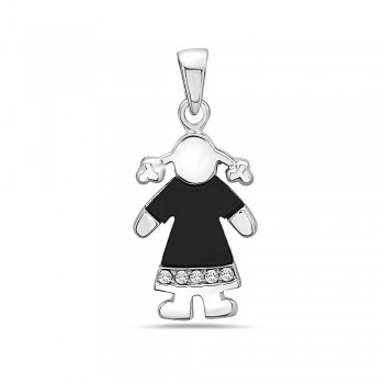 Sterling Silver Pndt Girl with Onyx Shirt + Cubic Zirconia-Rhodium Plating Plated