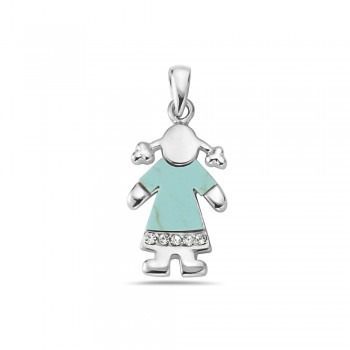 Sterling Silver Pndt Girl with Turquoise Shirt + Cubic Zirconia-Rhodium Plating Plated