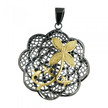 Sterling Silver Pendant 30X28mm Black Rhodium Plating with Gd Flower--Rhodium Plating/Nickle Free--