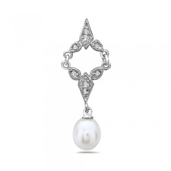 Sterling Silver Pendant 2 Clear Cubic Zirconia Rhombus with White Fresh Water Pearl--Silver Pl