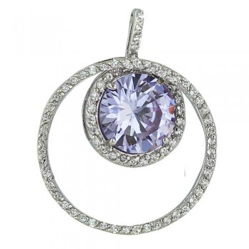 Sterling Silver Pendant 30mm Circle+13mm Round Lv Cubic Zirconia (2Pcs Sets)