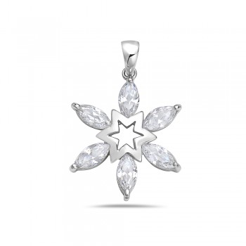 Sterling Silver Pendant 6Pcs Clear Cubic Zirconia Marqius Open Star Snowflake