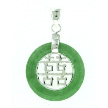 Sterling Silver Pendant Green Jade Donut with Oriental 'Happiness'