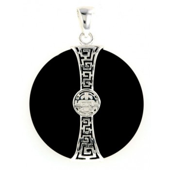 Sterling Silver Pendant 35mm Donut Onyx with Oriental Character