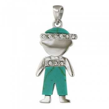 Sterling Silver Pendant Little Boy Wearing Reconstructed Turquoise+Clear Cubic Zirconia